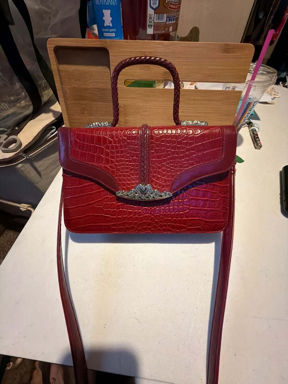 Vintage Red Faux Crocodile Embossed Top Handle Crossbody Bag